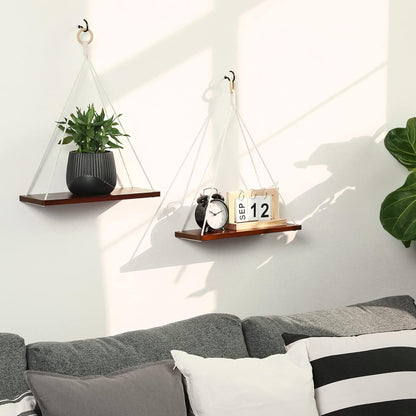 Hanging Shelves for Wall Set of 2 Brown Macrame Wood Floating Shelves Indoor Plant Shelf for Window Hanging Swing Rope Storage Rack Home Modern Boho Decor Livingroom/Bedroom/Bathroom/Kitchen