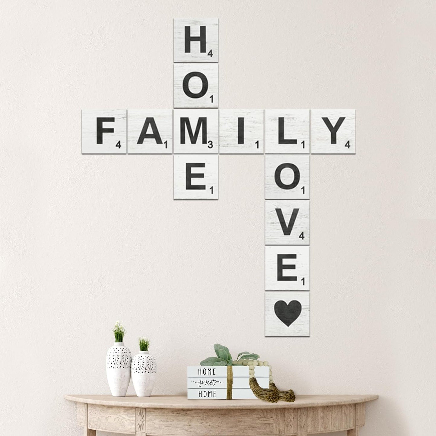 Family Home Love Rustic Crossword Wall Decor, 5"X5" Wood Tiles, for Living Room, Farmhouse, Family Wall Decor And, Wall Sign for Family Room, Housewarming Gift