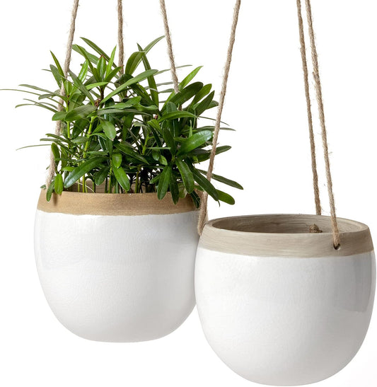 Ceramic Hanging Planters Plant Pots - 5.5 Inch White Indoor Hanging Pots Modern Plant Holder with Jute Rope for Succulents Cactus Herbs Small Plants, Home Decor Gift, Set of 2