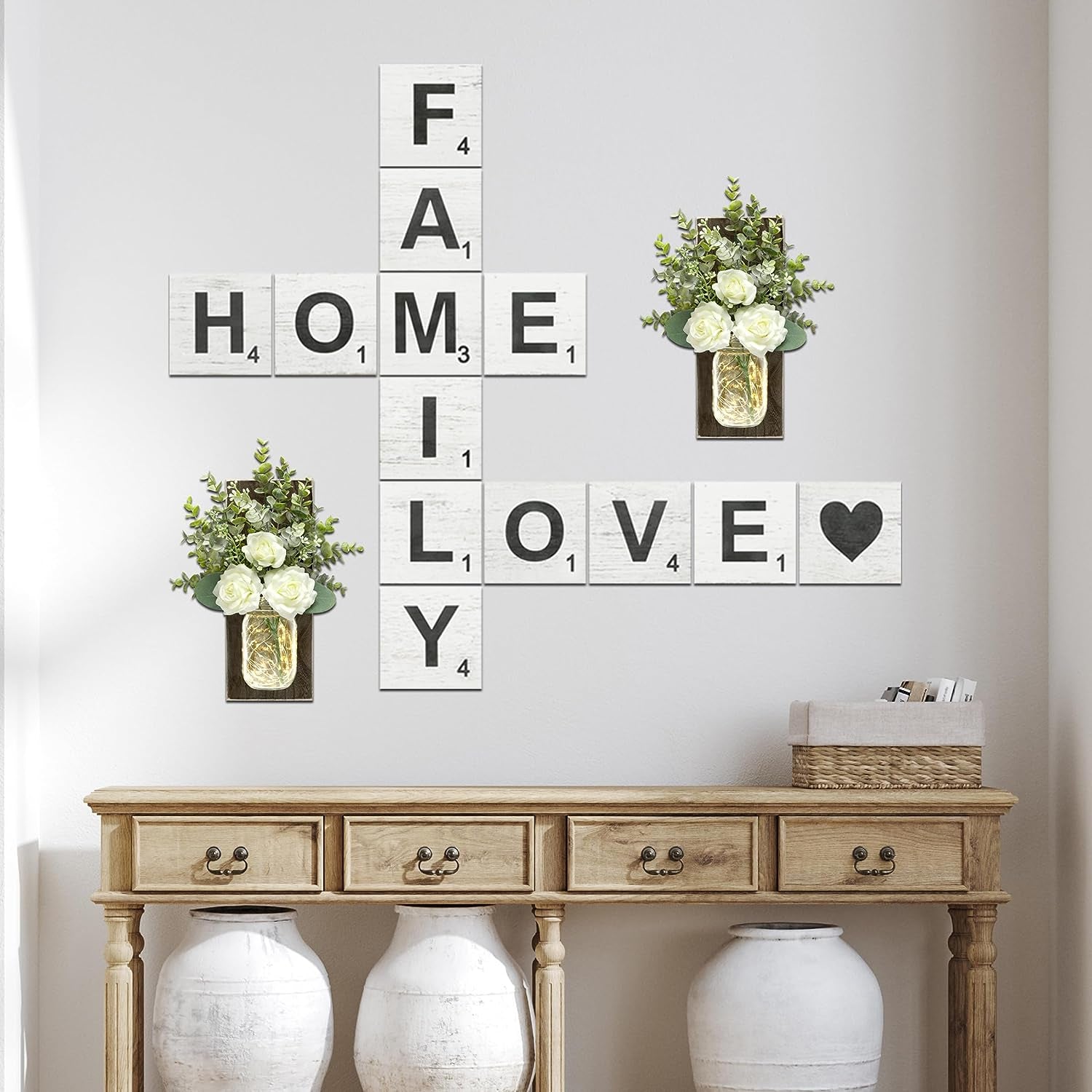 Family Home Love Rustic Crossword Wall Decor, 5"X5" Wood Tiles, for Living Room, Farmhouse, Family Wall Decor And, Wall Sign for Family Room, Housewarming Gift