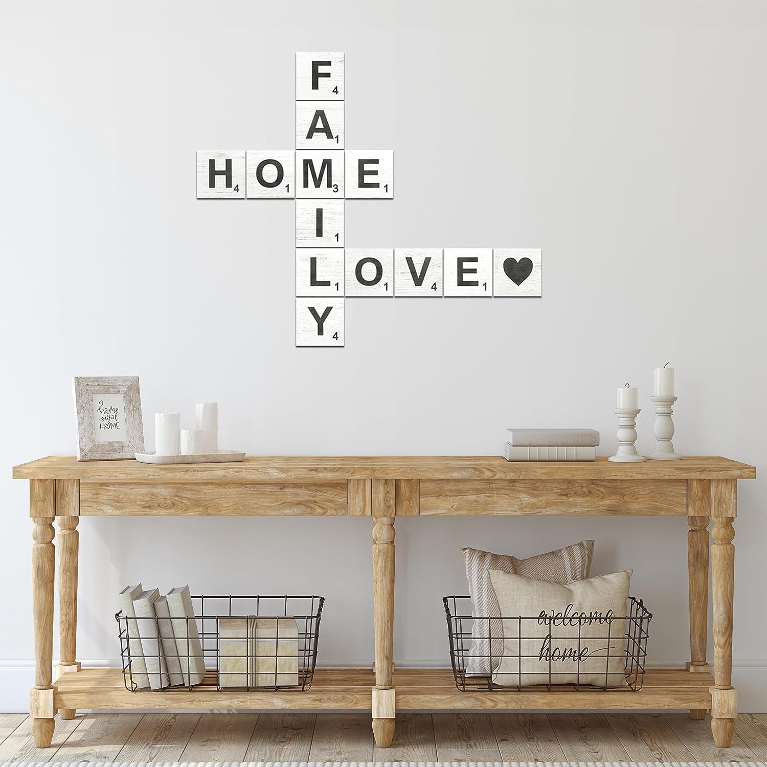 Family Home Love Rustic Crossword Wall Decor, 5"X5" Wood Tiles, for Living Room, Farmhouse, Family Wall Decor And, Wall Sign for Family Room, Housewarming Gift