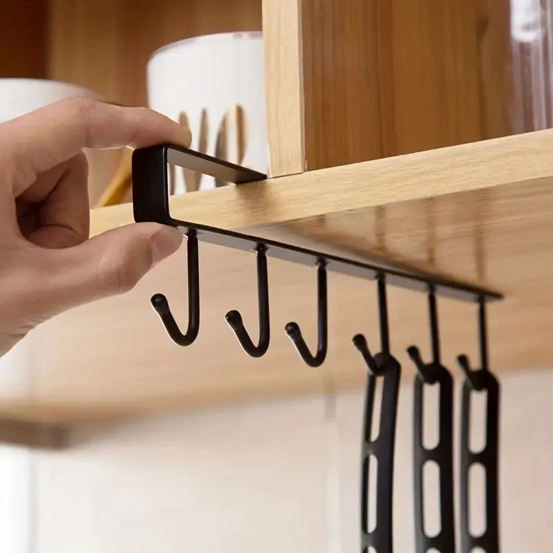 Cabinet Storage Rack Multifunctional Wardrobe Organizing Rack with 6/12 Hooks Kitchen Cup Holder No Punching Storage Rack