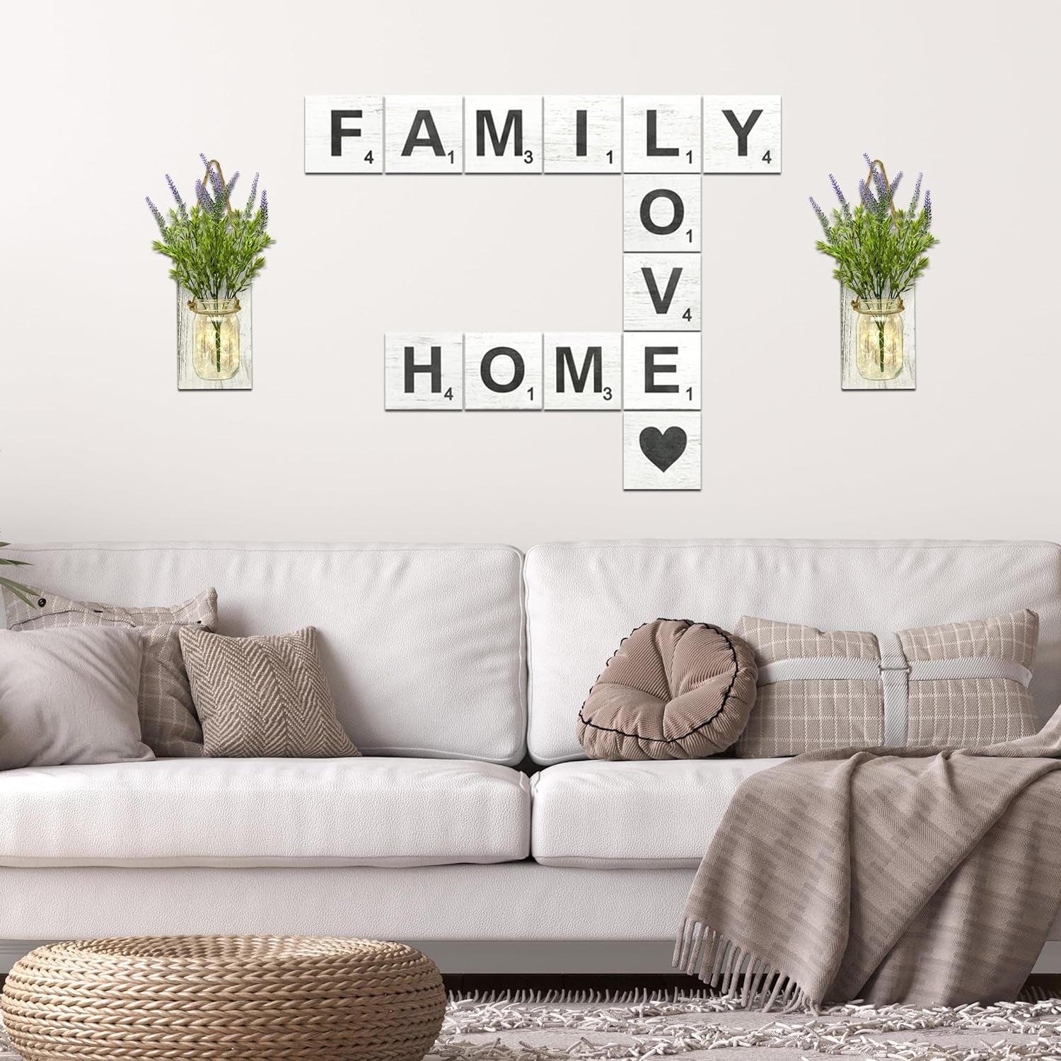 Family Home Love Rustic Crossword Wall Decor, 5"X5" Wood Tiles, for Living Room, Farmhouse, Family Wall Decor And, Wall Sign for Family Room, Housewarming Gift